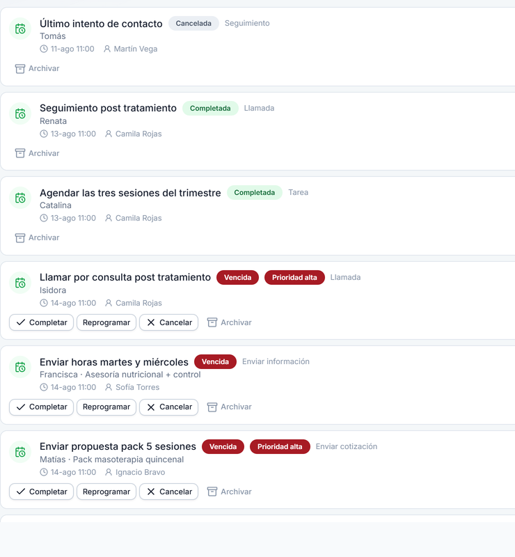 Lista de actividades de Agency OS con tareas de seguimiento pendientes, vencidas y completadas.