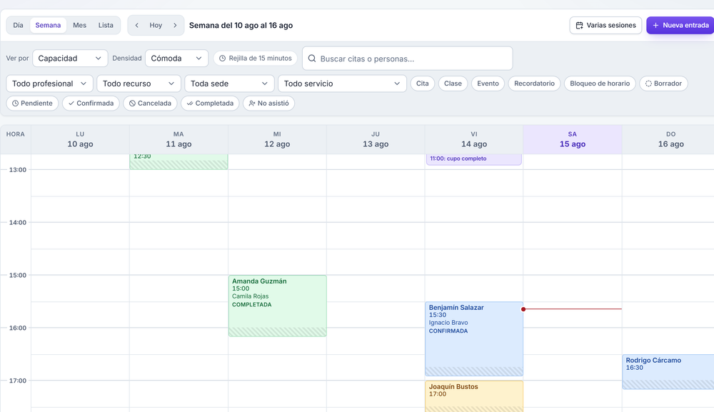 Agenda semanal de Agency OS con dos citas: una completada y una confirmada.