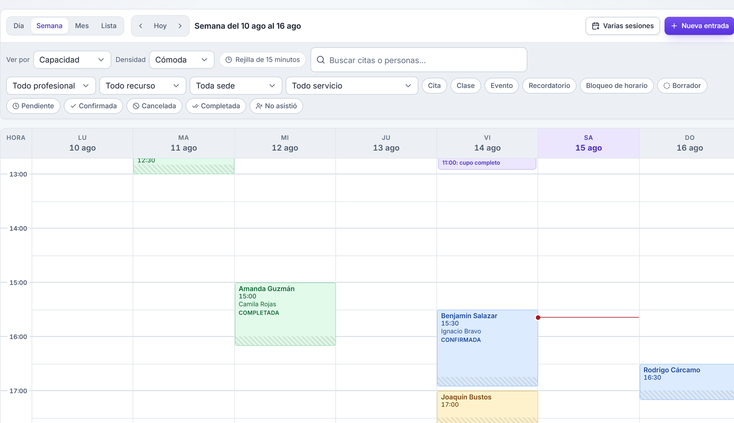 Agenda semanal de Agency OS con filtros por profesional, recurso, sede y servicio, y citas en distintos estados.