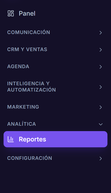 Menú lateral de Agency OS con los módulos Comunicación, CRM y ventas, Agenda, Inteligencia y automatización, Marketing, Analítica y Configuración.