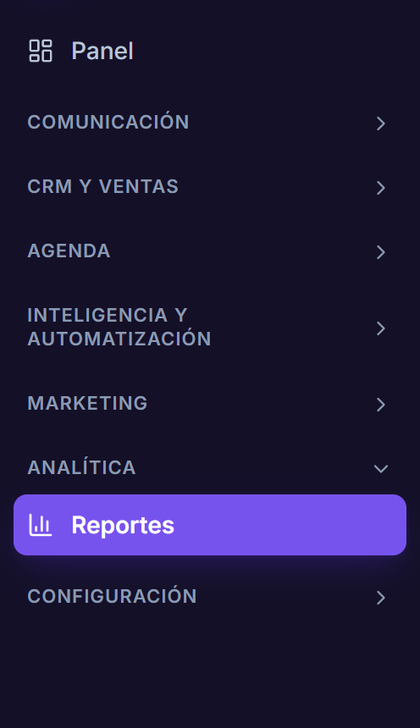 Menú de Agency OS con los módulos Comunicación, CRM y ventas, Agenda, Inteligencia y automatización, Marketing, Analítica y Configuración.